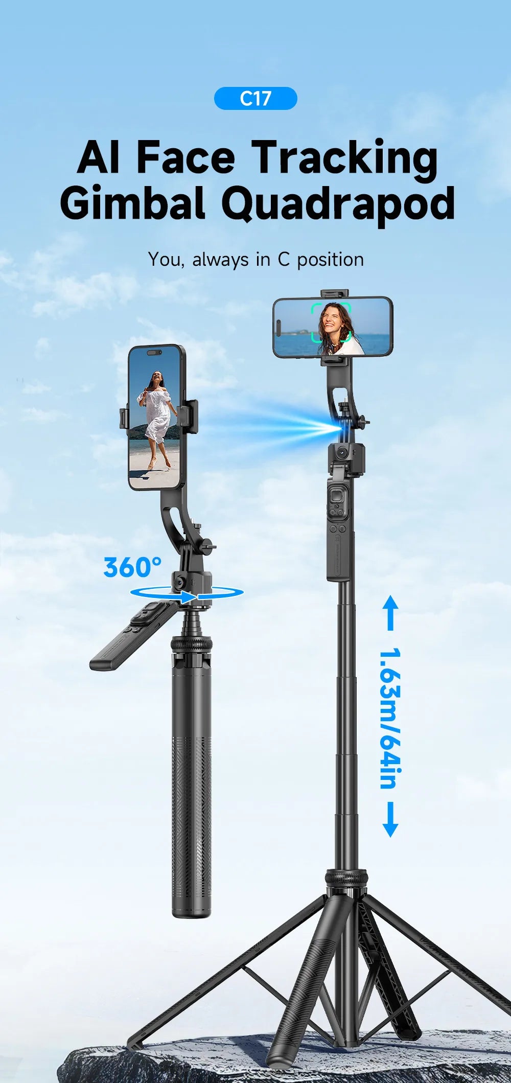 Intelligent Face Tracking Selfie Stick Gimbal Stabilizer w/ Bluetooth Remote For Smartphones