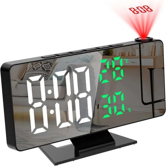 180° Projection 12/24H USB Plug-in Digital Alarm Clock Temperature Humidity Night Mode Snooze